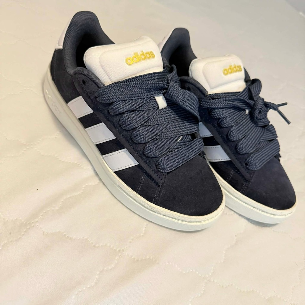 adidas Navy Suede Sneakers with White Stripes and Gold Logo